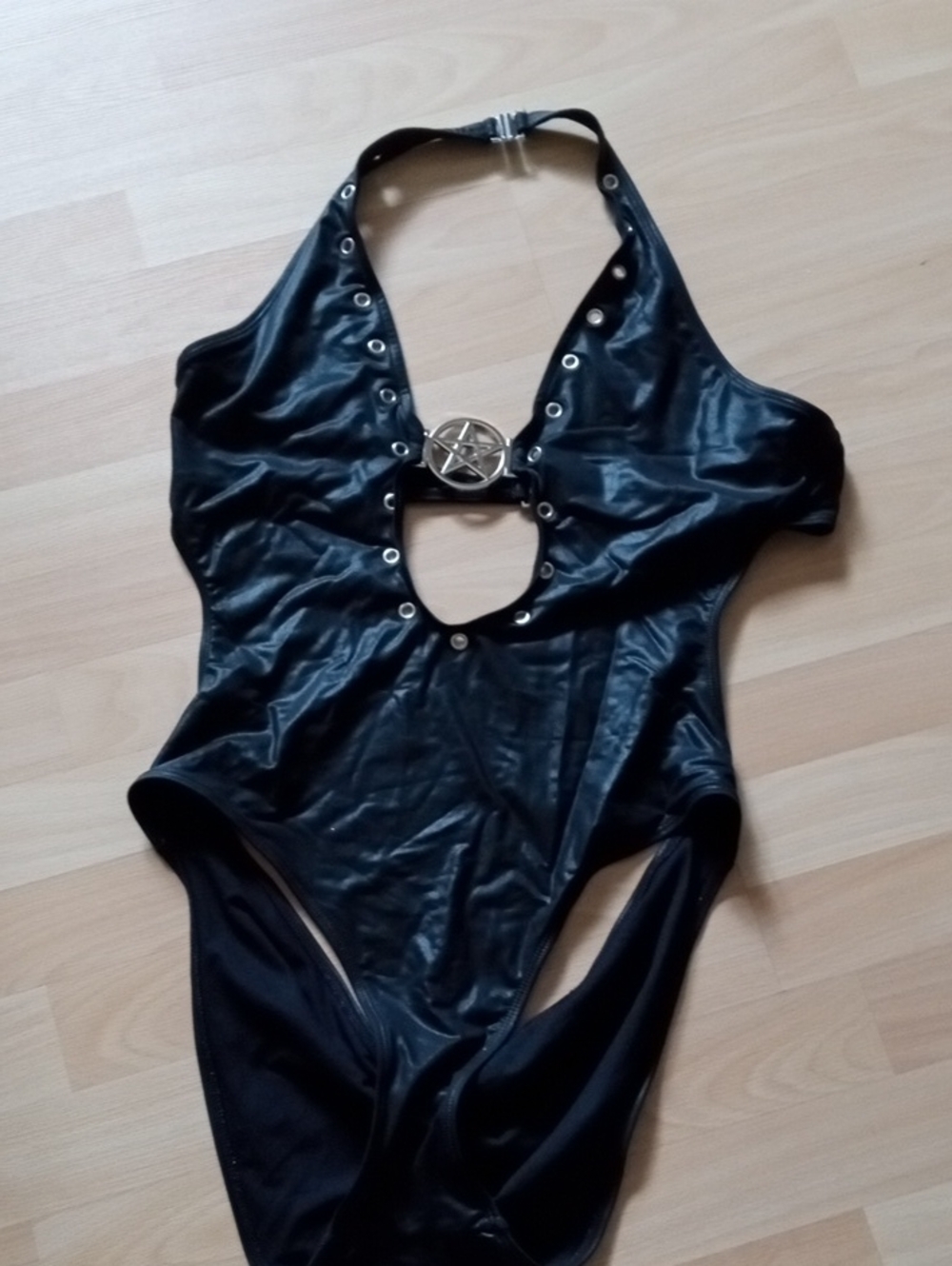 Killstar Black Faux Leather Halter One-Piece with Pentagram Buckle